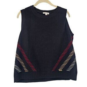 St. John Golf Chevron Intarsia Knit Vest L Black Red Tan Preppy Luxury Artsy